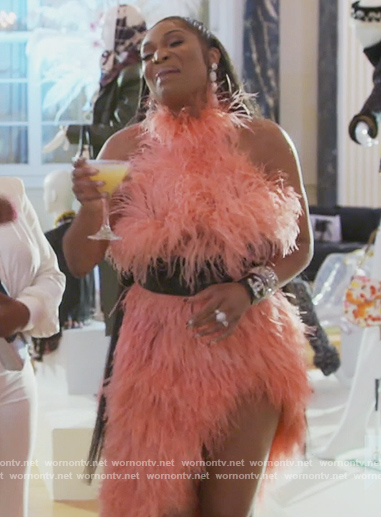 Marlo's pink feather halter dress on The Real Housewives of Atlanta