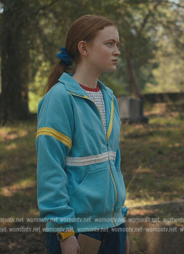 Max's blue contrast stripe jacket on Stranger Things