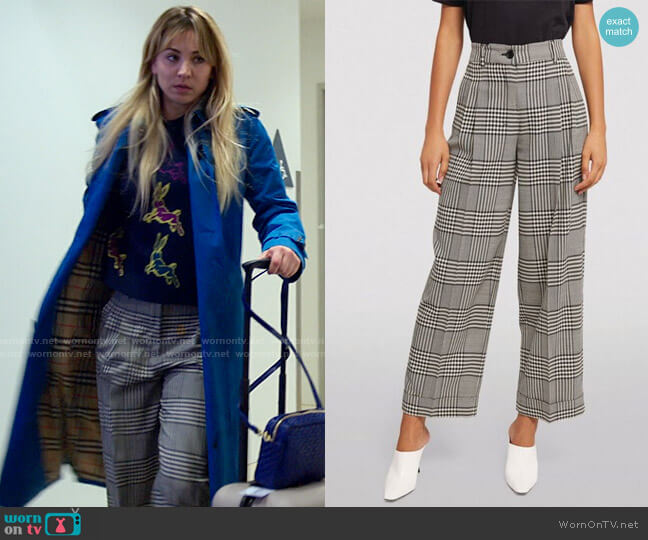 Max Mara Check Wide Leg Trousers worn by Cassie Bowden (Kaley Cuoco) on The Flight Attendant