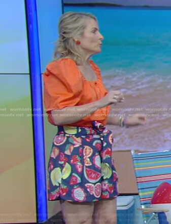 Meaghan Murphy's orange top and fruit print shorts on Live with Kelly and Ryan