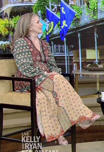 Melissa Gilbert’s mixed print maxi dress on Live with Kelly and Ryan