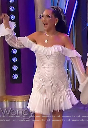 Michelle Visage’s white off shoulder mini dress on The Wendy Williams Show