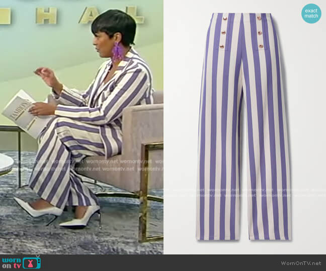 Serafina button-embellished striped cotton-twill wide-leg pants by Miguelina worn by Tamron Hall on Tamron Hall Show