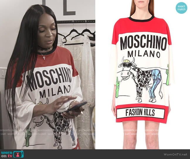 Jeremy Scott Fashion Kills T-shirt Dress by Moschino worn by Marlo Hampton on The Real Housewives of Atlanta