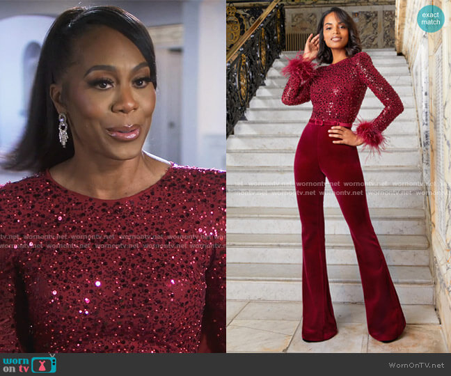 Monique Red Jumpsuit by Nadine Merabi worn by Sanya Richards-Ross  on The Real Housewives of Atlanta