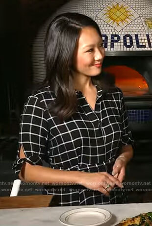 Nancy Chen’s black checked shirtdress on CBS Mornings