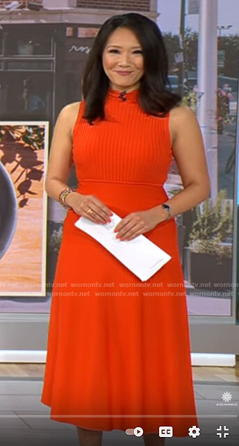 Nancy Chen’s orange ribbed sleeveless dress on CBS Mornings