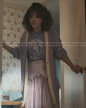 Nancy's lilac Emerson College tee and knit cardigan on Stranger Things