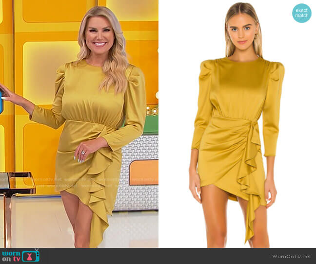 NBD Pandora Dress in Mustard Yellow worn by Rachel Reynolds on The Price is Right