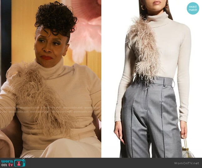 Neiman Marcus Cashmere Collection Feather-Trimmed Cashmere Turtleneck Sweater in Bone worn by Patricia (Jenifer Lewis) on I Love That For You