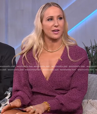 Nikki Glaser's purple knit wrap dress on The Kelly Clarkson Show