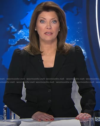 Norah’s black puff sleeve blazer on CBS Evening News