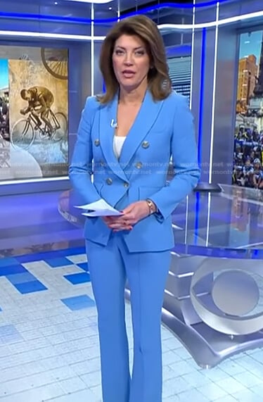 Norah’s blue double breasted blazer and pants on CBS Evening News