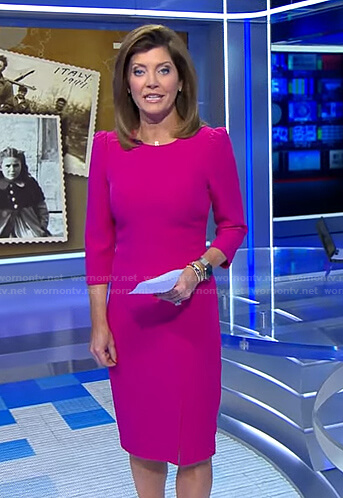 Norah’s pink three quarter sleeve sheath dress on CBS Evening News