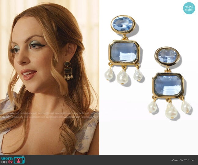 Chandelier Earrings with Pearly Drops by Oscar de la Renta worn by Fallon Carrington (Elizabeth Gillies) on Dynasty