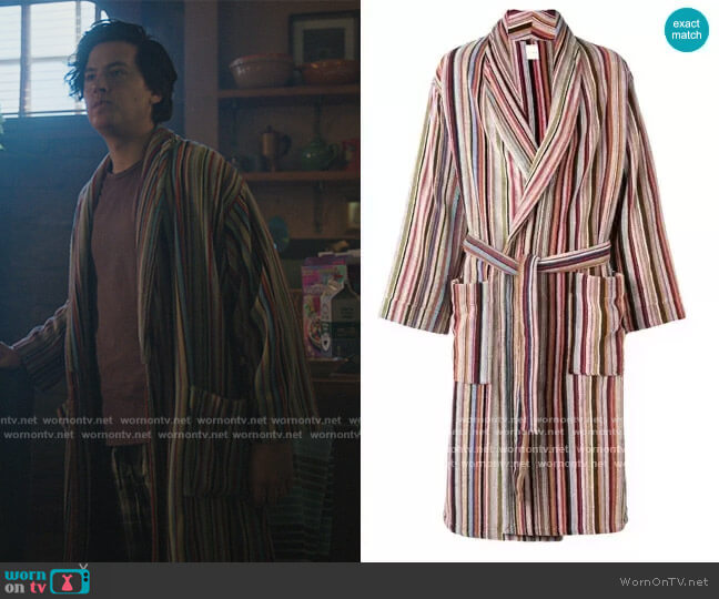 Signature stripe cotton bathrobe by Paul Smith worn by Jughead Jones (Cole Sprouse) on Riverdale