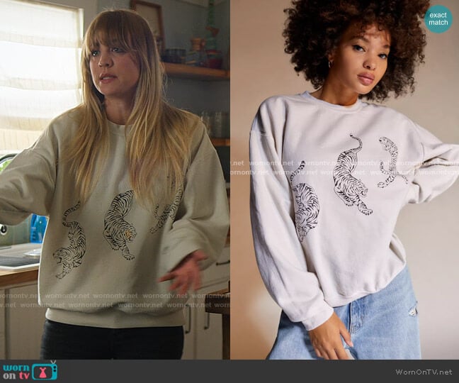 Project Social T Tiger Pullover Sweatshirt worn by Cassie Bowden (Kaley Cuoco) on The Flight Attendant