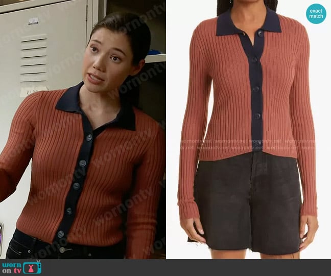 Rag & Bone Navaya Rust Cardigan worn by Violet Mikami (Hanako Greensmith) on Chicago Fire