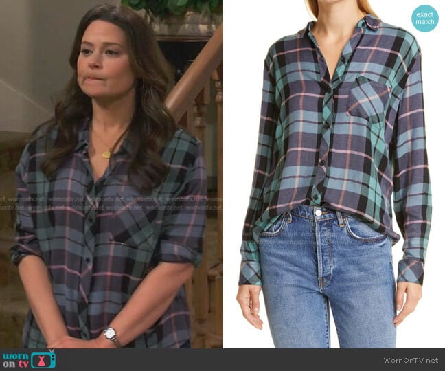 Hunter Metallic Thread Plaid Button-Up Shirt in Teal Navy Pink by Rails worn by Jen (Katie Lowes) on How We Roll