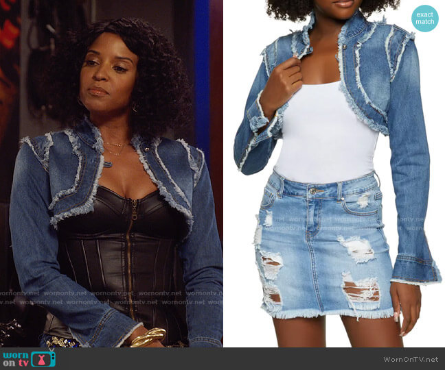 Rainbow Frayed Denim Cropped Jacket - Medium Wash worn by Wickie Roy (Renée Elise Goldsberry) on Girls5eva