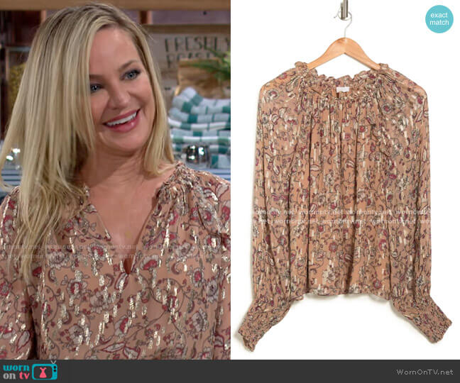 Ramy Brook Minnie Blouse in Caramel Combo worn by Sharon Newman (Sharon Case) on The Young and the Restless