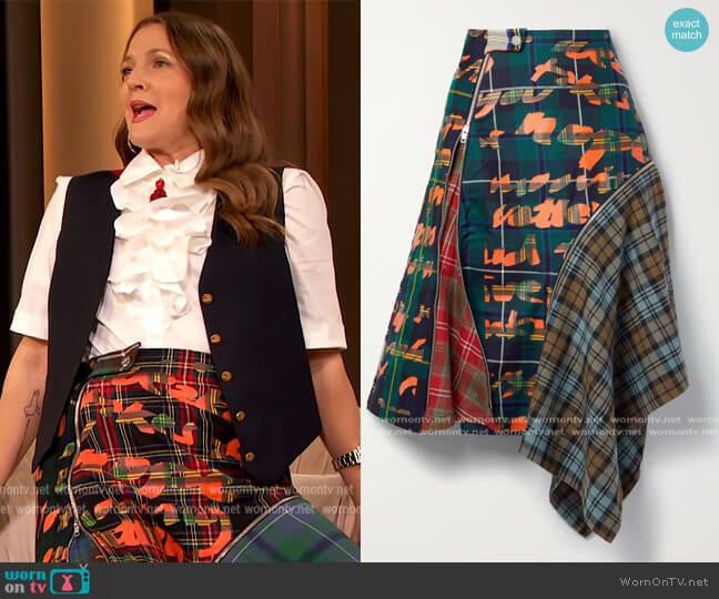 Miami convertible asymmetric patchwork checked wool skirt by Rave Review worn by Drew Barrymore on The Drew Barrymore Show