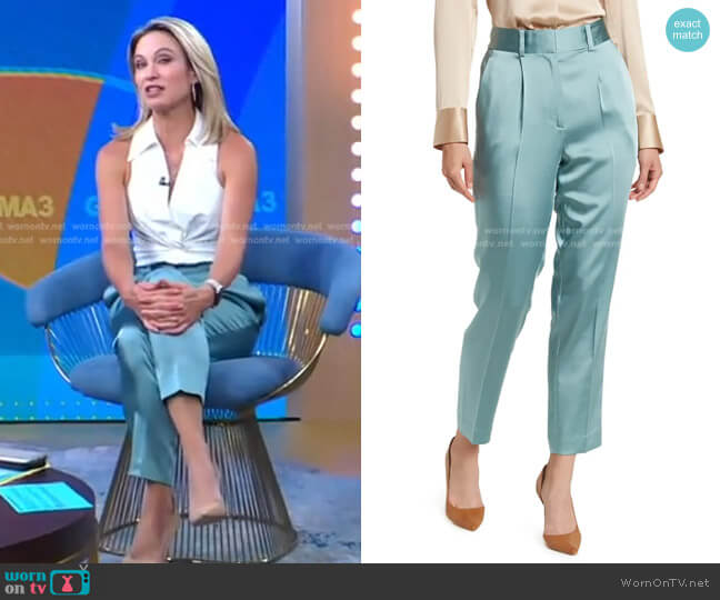 WornOnTV: Amy’s white twisted sleeveless top and blue satin pants on ...