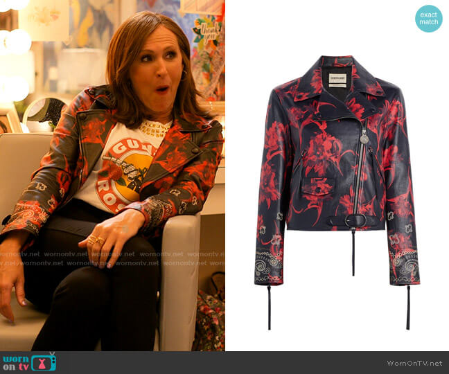 Roberto Cavalli Parrot Tulip Leather Jacket worn by Jackie Stilton (Molly Shannon) on I Love That For You