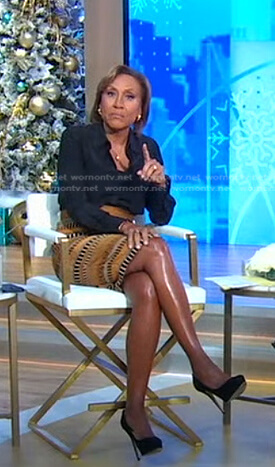 Robin’s beige blouse and brown striped skirt on Good Morning America