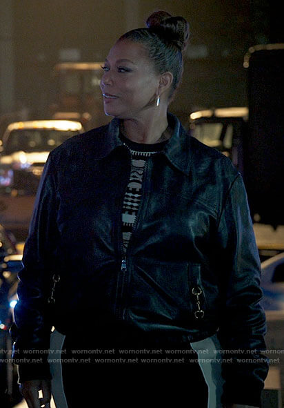 Robyn's leather bomber jacket with gold horsebit on The Equalizer