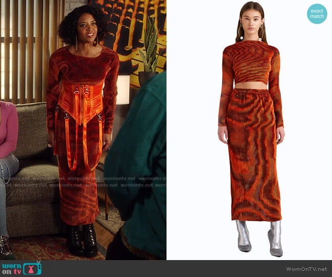 Ronny Kobo Gwen Top and Jay Skirt worn by Wickie Roy (Renée Elise Goldsberry) on Girls5eva