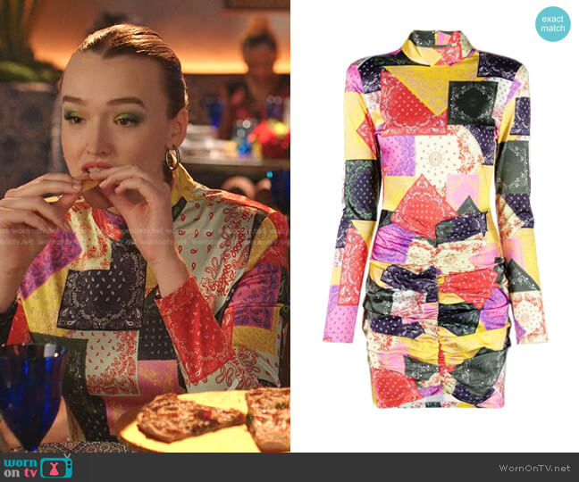 Miki Patchwork-Print Ruched Dress by Rotate worn by Kirby Anders (Maddison Brown) on Dynasty