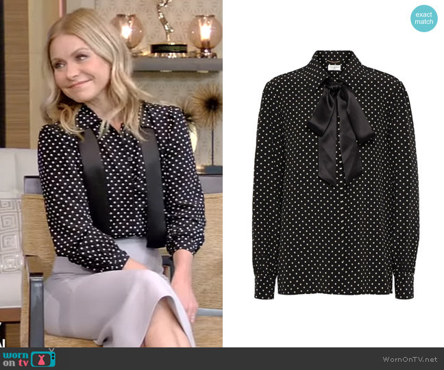 Tie-Neck Polka-Dot Silk Blouse by Saint Laurent worn by Kelly Ripa  on Live with Kelly & Ryan