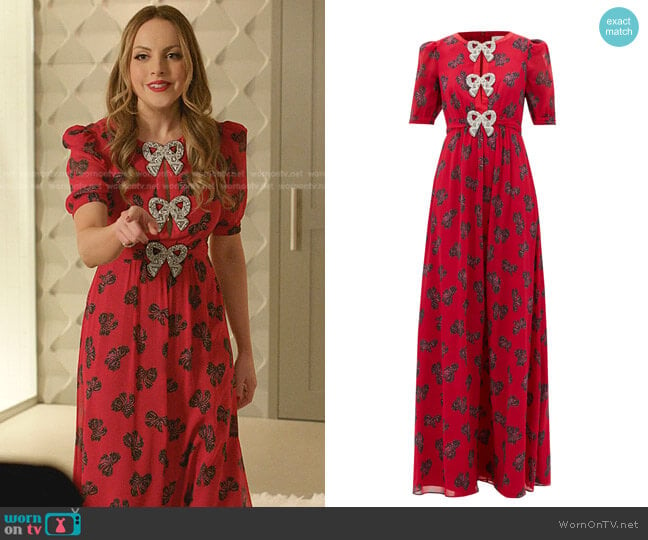 Jamie Bow-Print Silk Maxi Dress by Saloni worn by Fallon Carrington (Elizabeth Gillies) on Dynasty