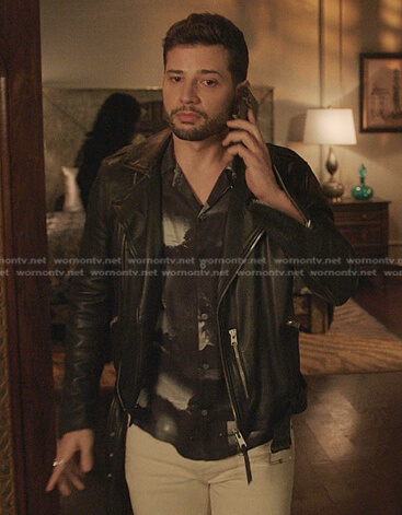 Sam's black print shirt and moto jacket on Dynasty