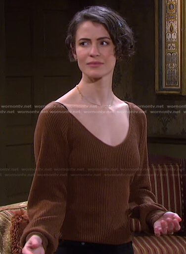 Sarah’s brown ribbed v-neck sweater on Days of our Lives