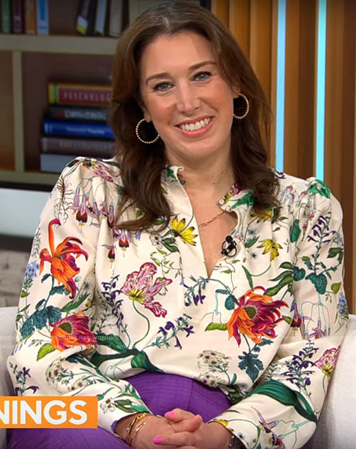 Sarah Gelman's floral blouse and purple pants on CBS Mornings