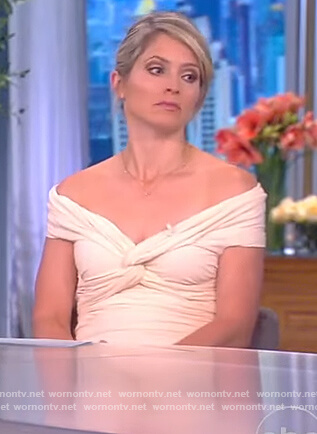 Sara’s white twisted off shoulder dress on The View