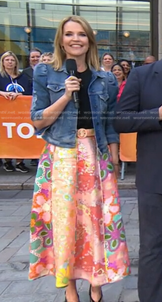 Savannah's puff sleeve denim jacket and floral skirt on Today