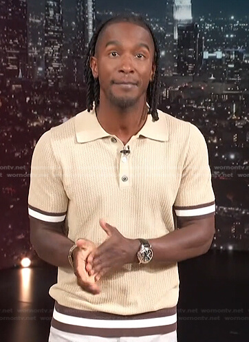 Scott's beige striped trim polo shirt on Access Hollywood