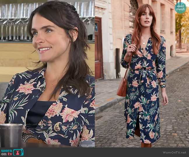 Sezane Lexie Dress in Printed Maxi Navy Flowers worn by Lilia Luciano on CBS Mornings