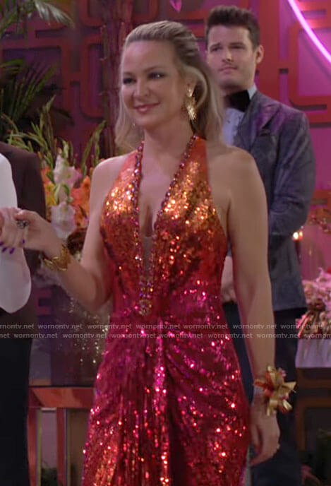Sharon's pink and orange sequin gown at the Teriah wedding on The Young and the Restless