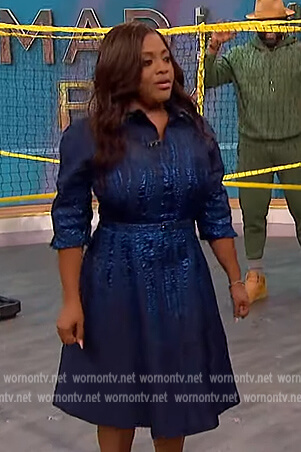 Sherri Shepherd's metallic blue textured dress on The Wendy Williams Show