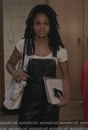 Simone's black leather overalls on All American Homecoming