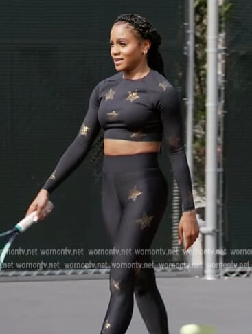 Simone's black star print top and leggings on All American Homecoming