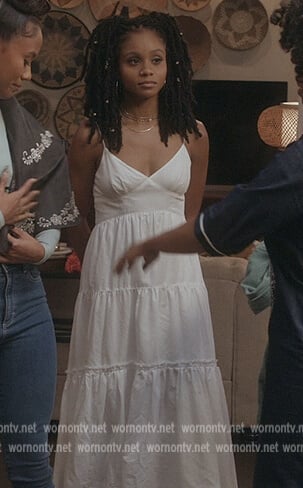 Simone's white cotton maxi dress on All American Homecoming