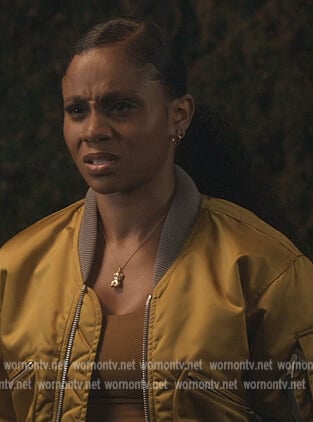 Simone’s yellow satin bomber jacket on All American Homecoming