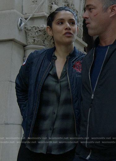 Stella's olive green plaid shirt on Chicago Fire