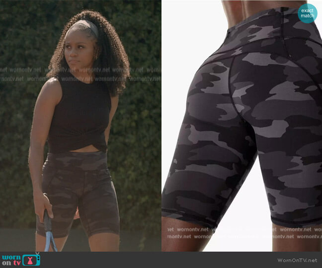 Black Tonal Camo Print Biker Shorts by Sweaty Betty worn by Simone (Geffri Hightower) on All American Homecoming