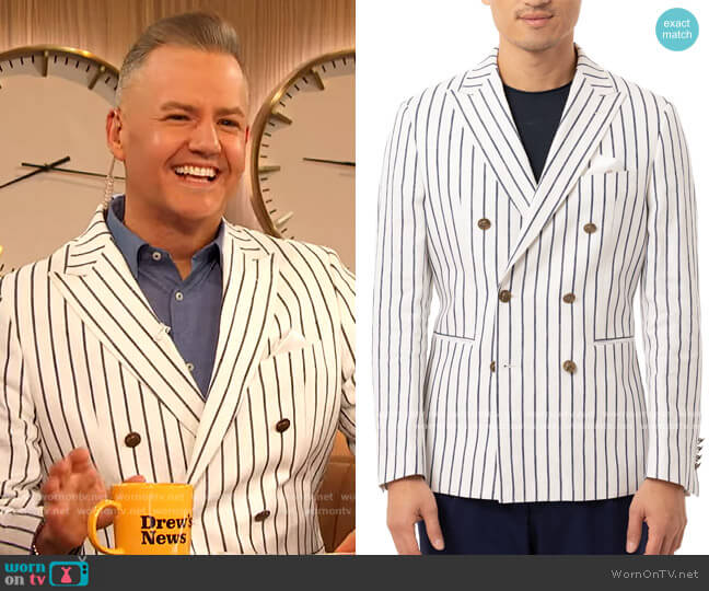 Slim-Fit Navy Blue/White Vertical Stripe Double-Breasted Sport Coat by Tallia worn by Ross Mathews  on The Drew Barrymore Show